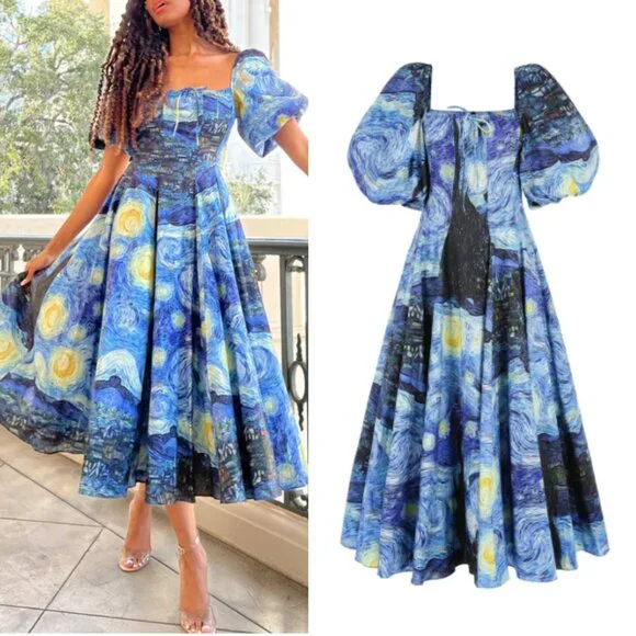 BEST Selkie The Starry Night Day Midi Dress Navy Van Gogh Masterpiece Medium - Picture 2 of 14
